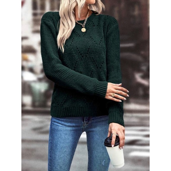 SOLD OUT Dark Green Chenille Pointelle Knit Soft Pullover Long Sleeve Winter - Picture 2 of 3